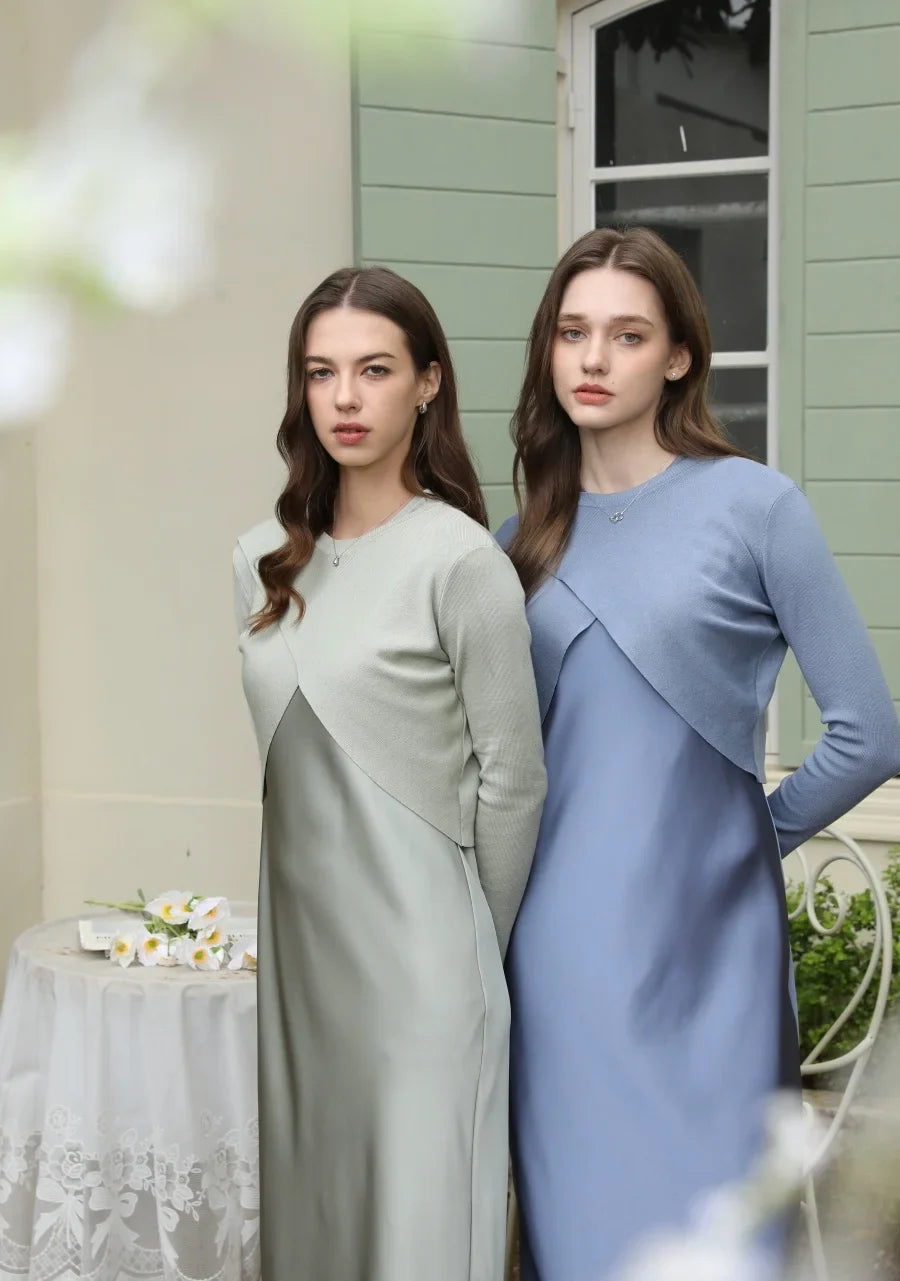 2025 spring summer elegance satin dress + knitted top match set maxi floor length woman clothes
