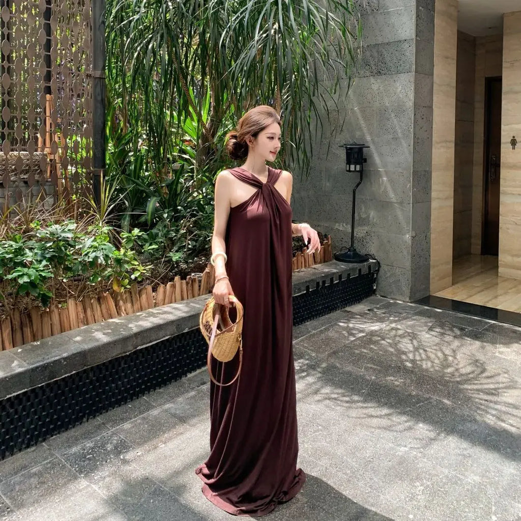 French Temperament Coffee Color Sleeveless Hanging Neck Dress For Women In The Summer Of 2026, New Slim And Flowing Long Dress
