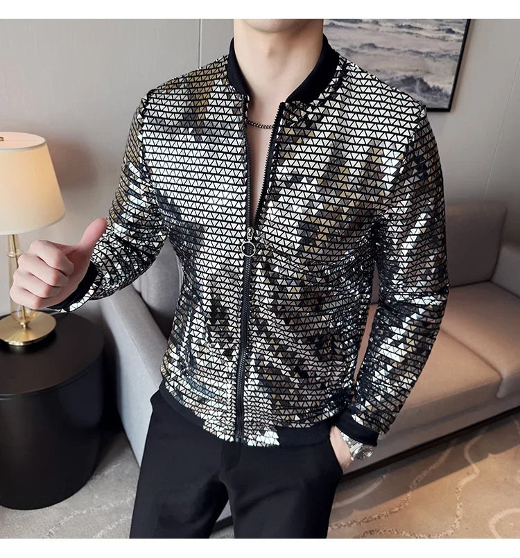 Men's Fashionable and Personalized Silver Sequin Jacket Summer New Ball Performance Suit Jacket Hip-hop Fashion Street Wear