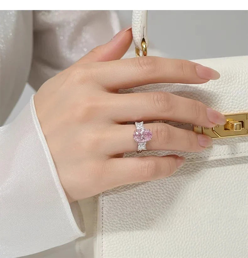 S925 Silver Ring 8 * 12mm Elliptical Zircon Powder Ice Flower Cut Ring Sweet Wind Jewelry