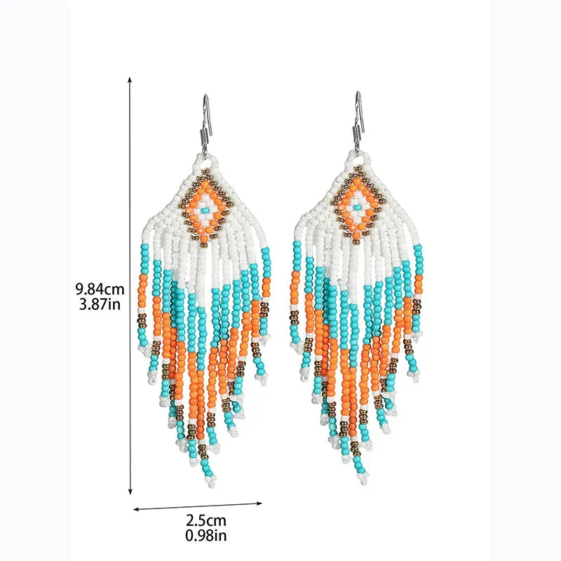 White Rice Beads Earrings For Women Retro Boho Tassels Water Drop Earrings Exaggerated Ethnic Style Earrings Jewelry