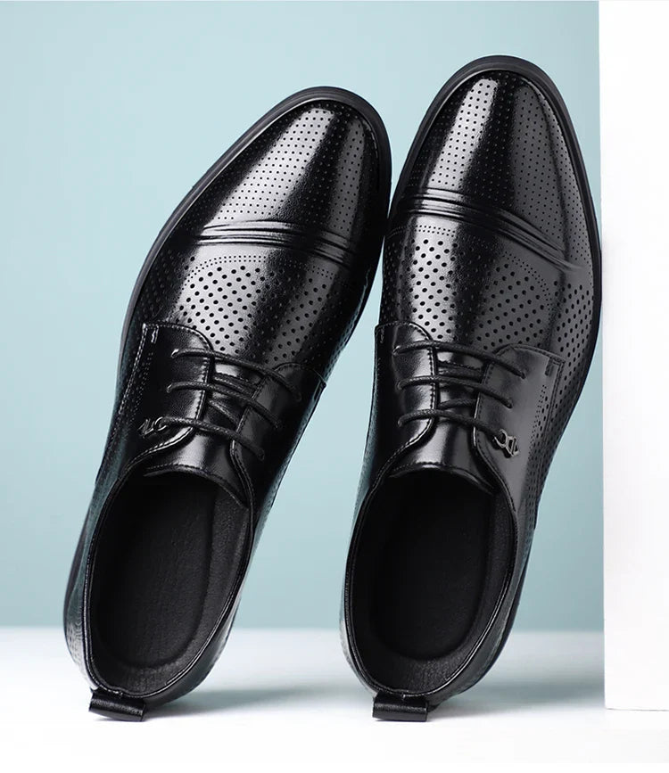 Men's Summer Breathable Leather Shoes Hollow out Fashionable Slip-On Comfortable Anti-Slip Soft Bottom Derby Shoes-SJ2501-1