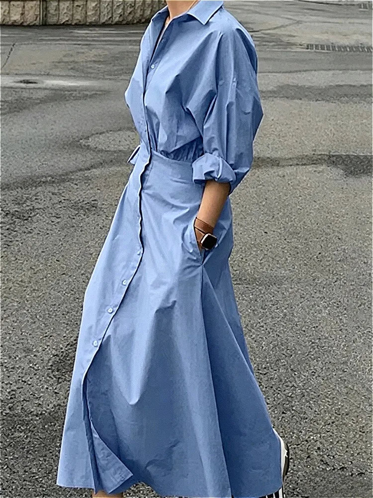 Women Casual Long Shirts Dresses 2025 Summer Spring Clothes Khaki Puff Sleeves Botton Simple Maxi Dresses for Women