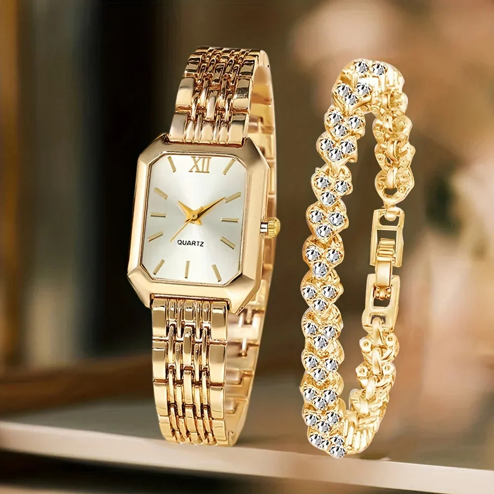 2PCS Fashion Rectangle Women Quartz Watch Rhinestone Bracelet Set Ladies Roma Dial Wristwatch Reloj Mujer Girls Clock Gift