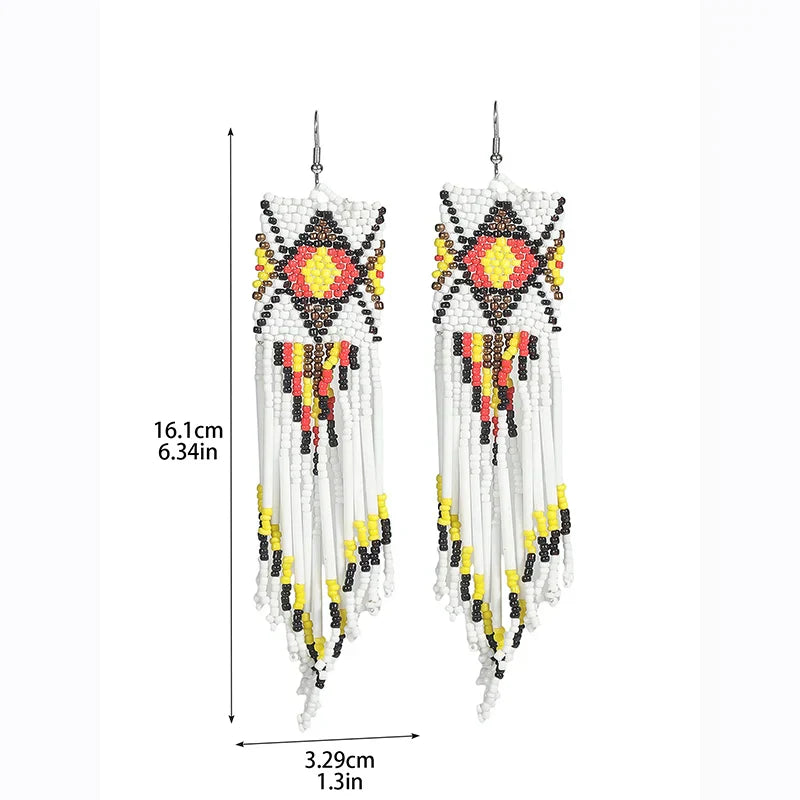 White Rice Beads Earrings For Women Retro Boho Tassels Water Drop Earrings Exaggerated Ethnic Style Earrings Jewelry