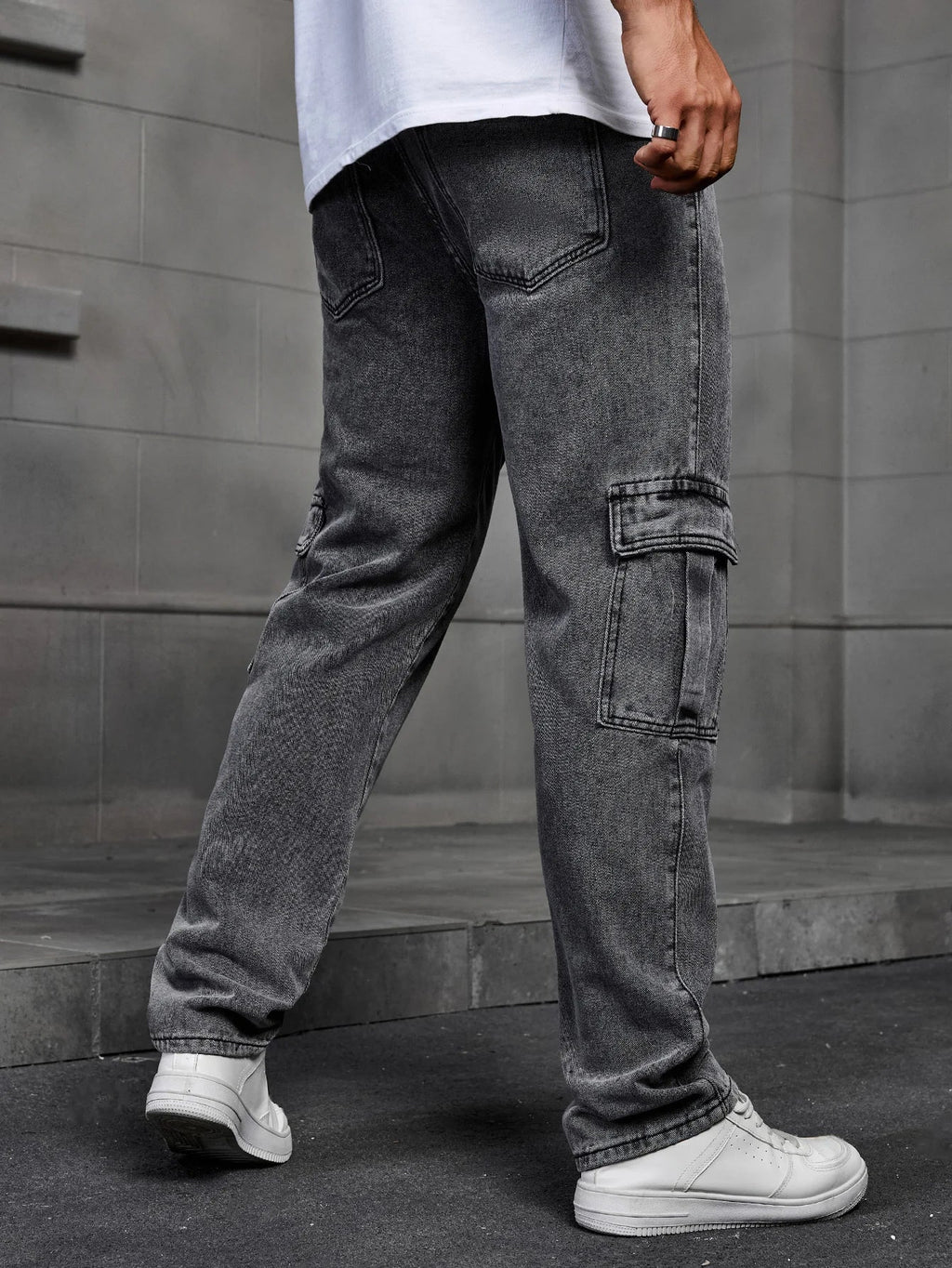 Men's Fashionable Multi-pocket Rrey Cargo Jeans Durable Non-stretch Workwear Denim Trousers Men's Pants Size XS-XL