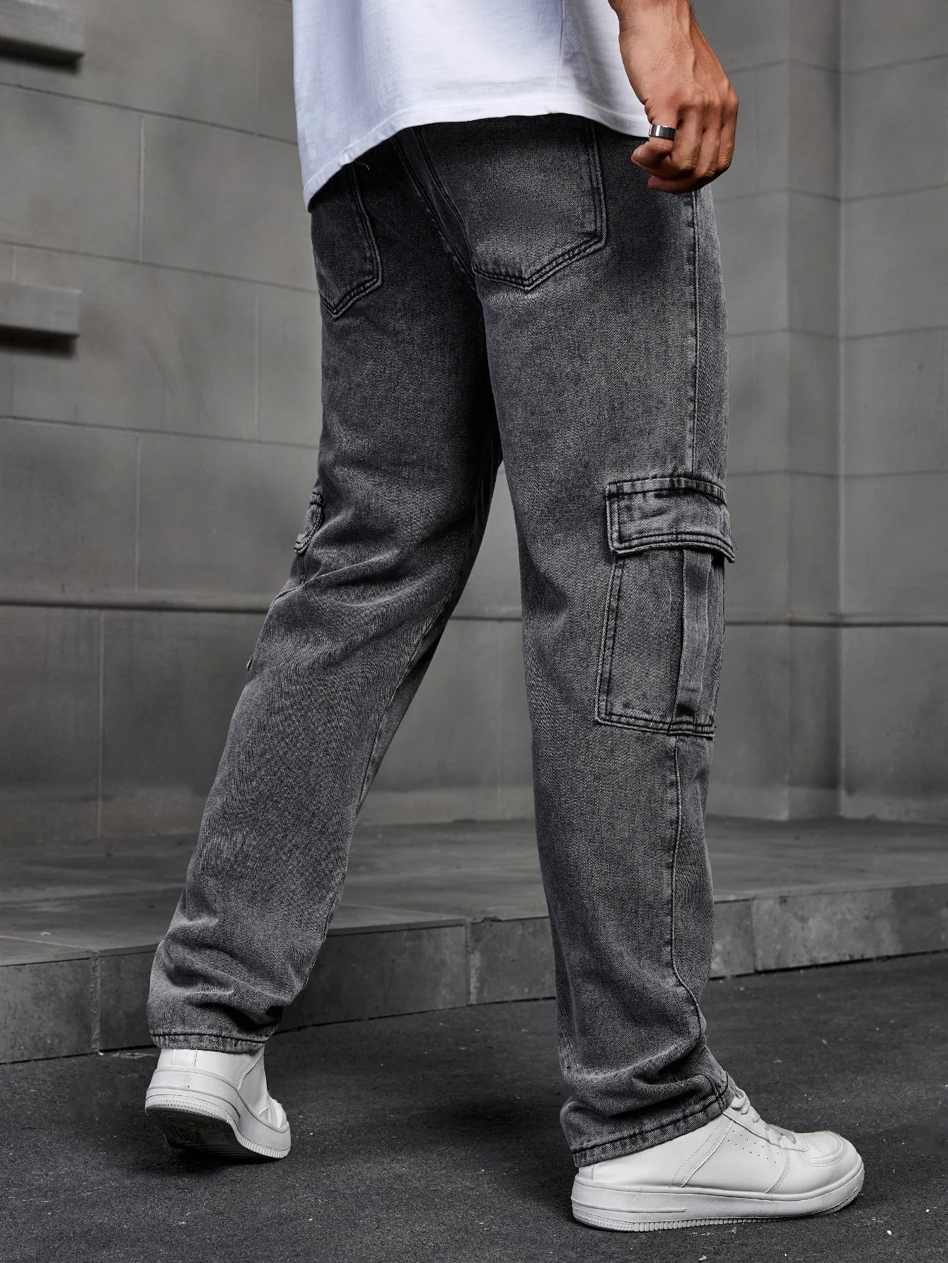 Men's Fashionable Multi-pocket Rrey Cargo Jeans Durable Non-stretch Workwear Denim Trousers Men's Pants Size XS-XL