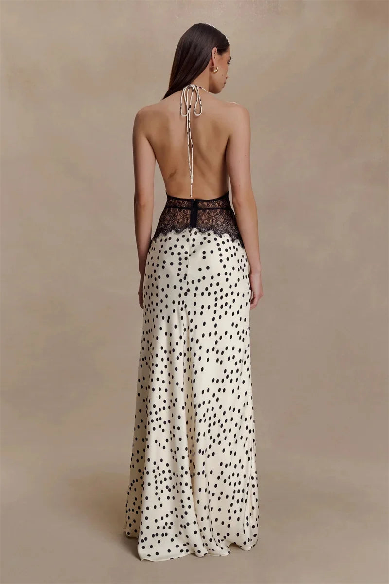 Polka Dot Backless Sexy Maxi Dress Women Gown Elegant Patchwork Lace Halter Deep V Neck Sleeveless Bodycon Club Dress