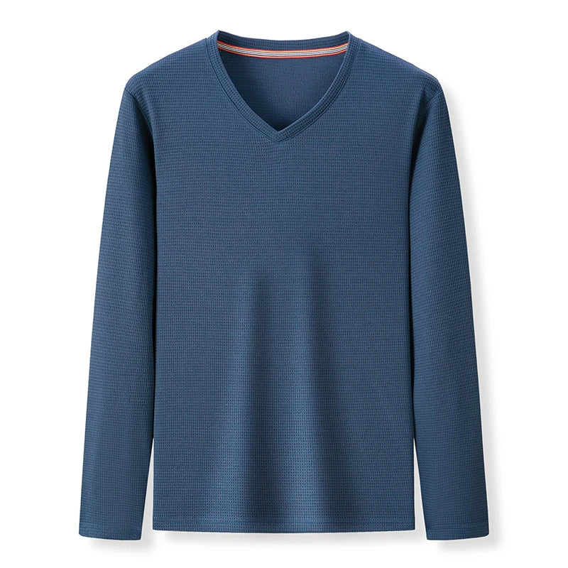 Minimalist Men's V-neck Long Sleeve T-shirt Soft Knitted Fabric Comfortable Top for All Seasons