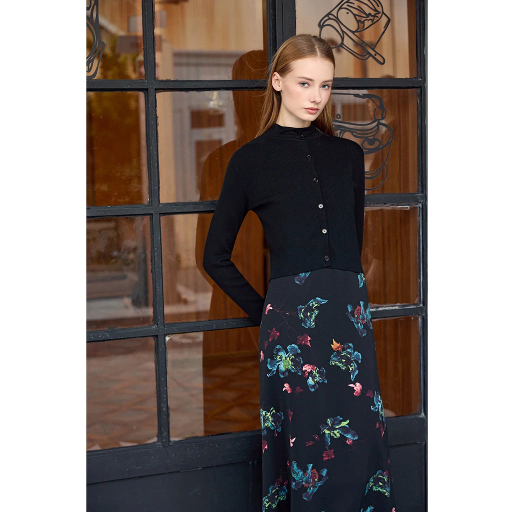 Women 2026 Autumn and Winter New Printing Satin Dress Knitting Cardigan Mock Neck Modal Shirt