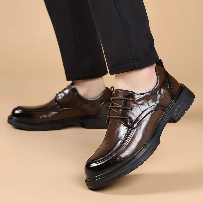 Spring Autumn Business Leather Shoes for Men Solid Color Lace Designer Big Head Dress Shoes Male Fashion Platform Casual Shoe