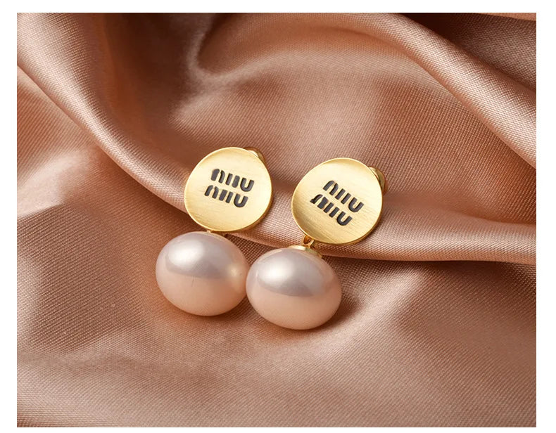 Luxury Brand 18K Gold Plated French Pearl Pendant Earrings, Trendy Women's Jewelry Accessories，Wedding Banquet Anniversary Gift