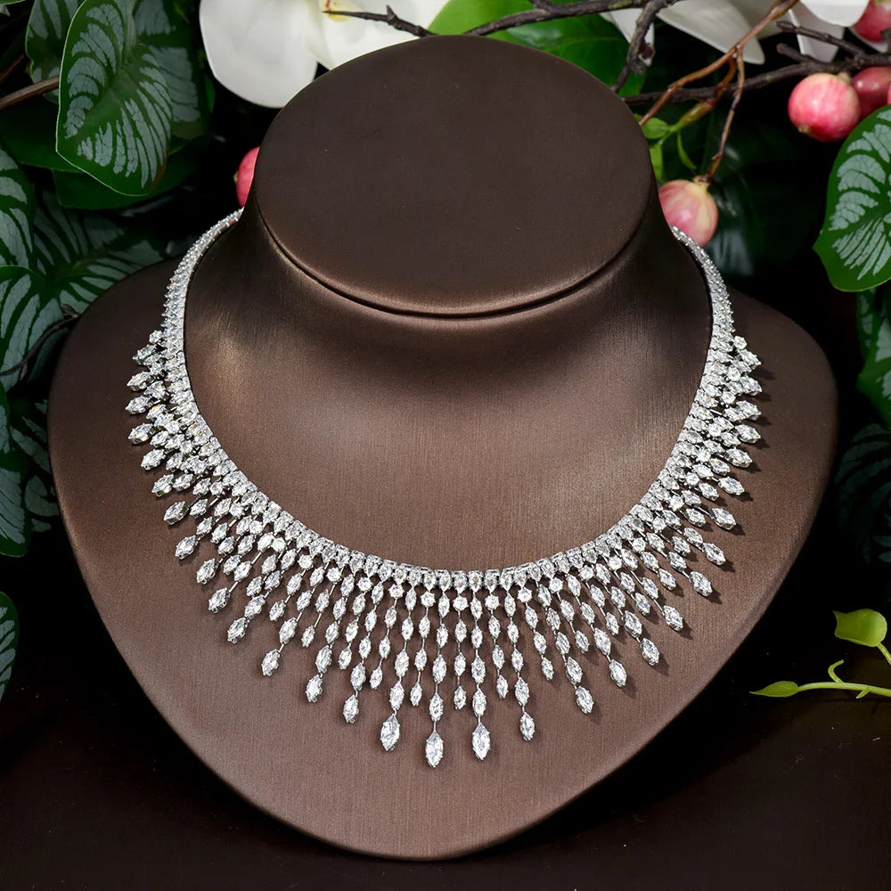 Top White Cubic Zirconia Bridal Shiny Tassel Necklace Jewelry Sets For Wedding Party Dress Accessories N-1503