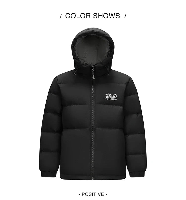 Down Jacket Men Winter 80% Down Fill Loose Hooded Outerwear Textured Street Trendy Letter Printed Top Men'S Clothing