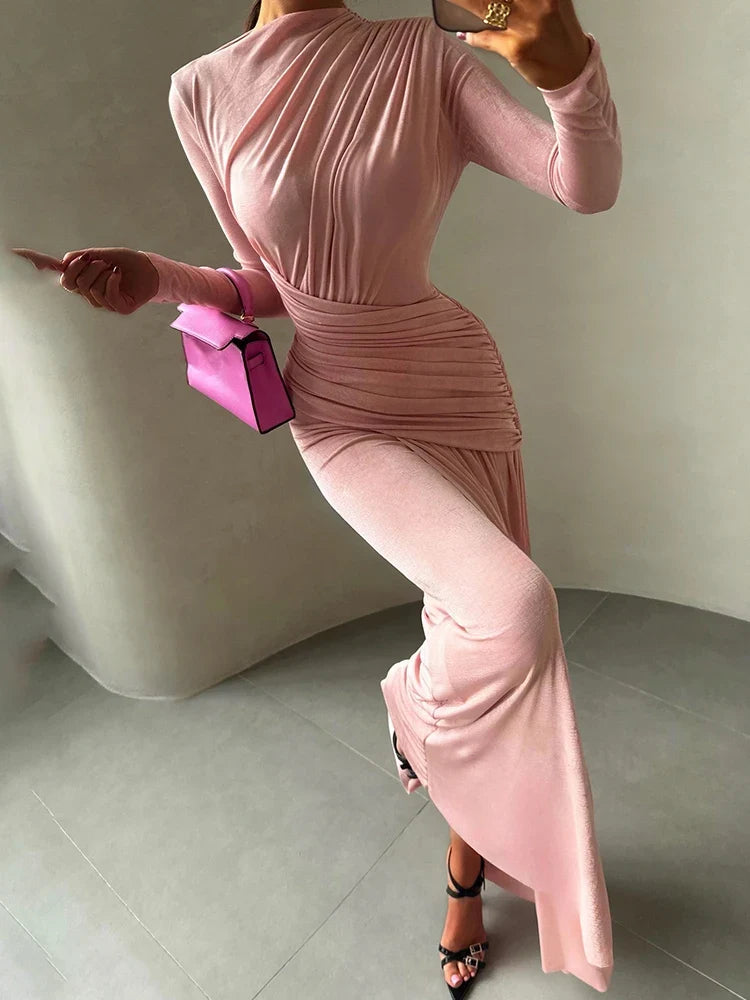 Nibber Folds Maxi Dress Women o-Neck Full Sleeve Solid Banquet Elegant Vacation Fashion Autumn Skinny Casual Simple Vestidos