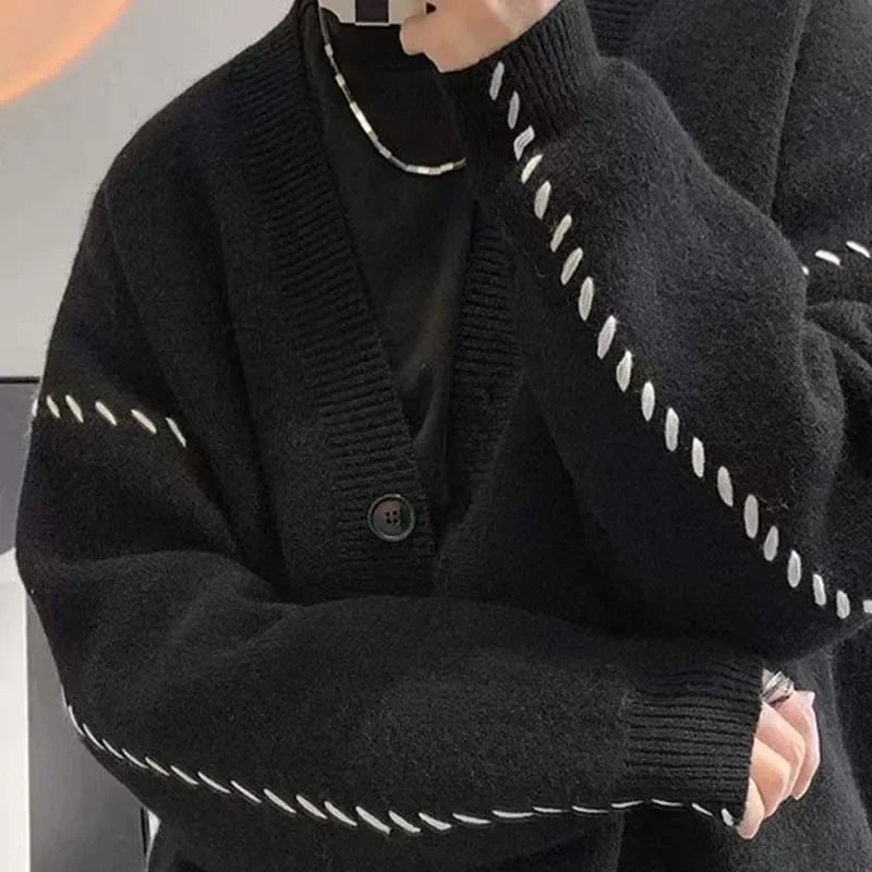 Autumn V-neck Cardigan Sweater Men Women Streetwear Loose Lazy Style Korean Vintage Knitwear Jacket Fashion Brand Mens Cardigan