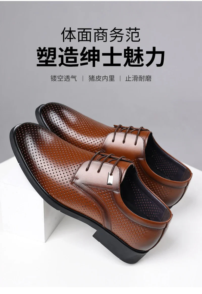 Mens Black Genuine Leather Perforated Metal Decor Lace Up Formal Business Office Breathable Summer Shoes Hollow Stylish Simple
