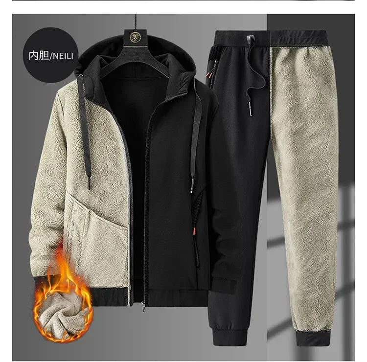 Men's Sets Jacket + pant Warm Fur Winter Sweatshirt Cashmere Tracksuit Men's Sets Fleece Thick Hooded Brand Casual Track Suits