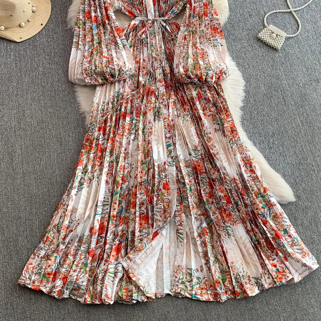 Printed round Ne Lantern Sve Dr Women's Single Button Waist Cinch Maxi Skirt Long Dr Commute Sle Autumn