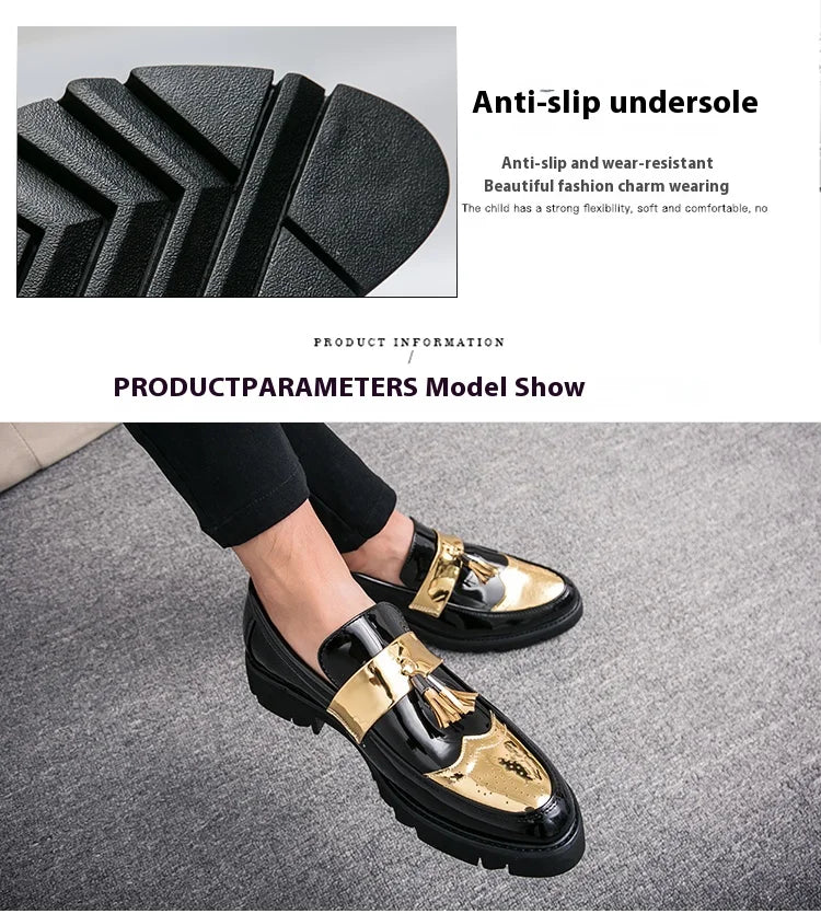 Fashion Golden Men's Casual Slip-On Tassel Patent Loafers Thick Bottom Elevator Shoes Men's Party Shoes Business Shoes Brogue