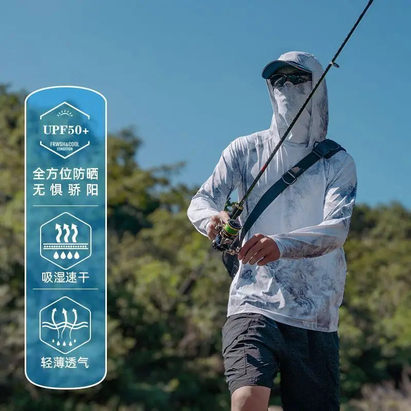 Ultra-thin Tshirts Summer Trendy Prints Lightweight UPF Sun Hoodie with Face Mask Shirt Long Sleeve Breathable UV Fishing Shirt
