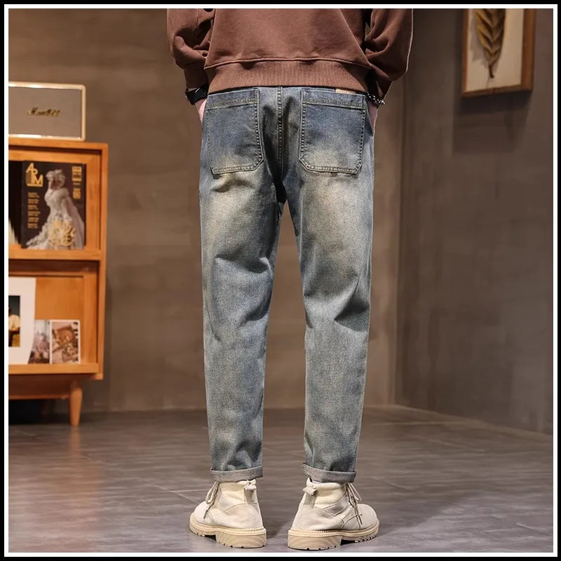 Retro American Style Men's Jeans Loose Fit Heavy Casual Slim Leg Cotton Pants Elastic Waist Korean Denim Jeans for Spring Autumn