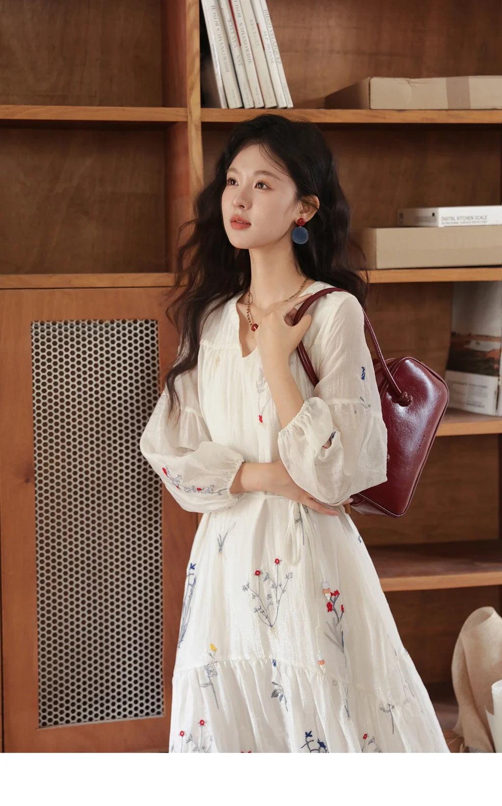 Beige Flower Embroidered Dress for Women 2025 Autumn Curved Collar Lantern Sleeves Tied Waist Long Dresses MXE41L2487