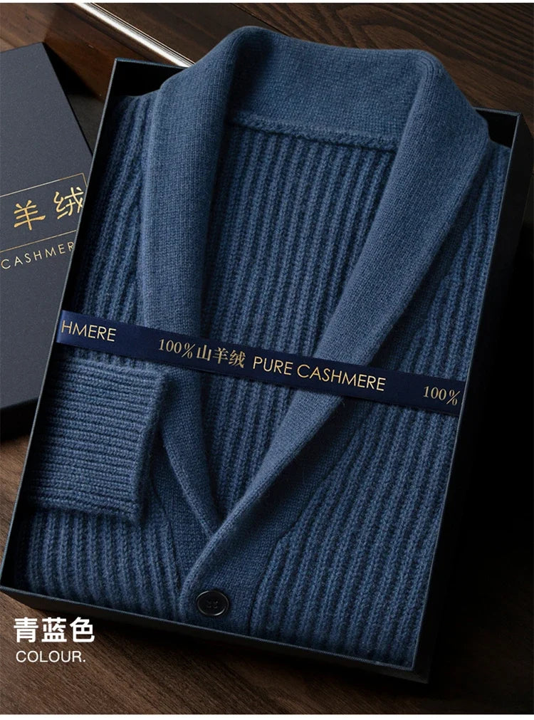Men's Heavy Thick 100% Pure Cashmere Cardigan Olive Warm Collar High-End Sweater Coat Super Handsome