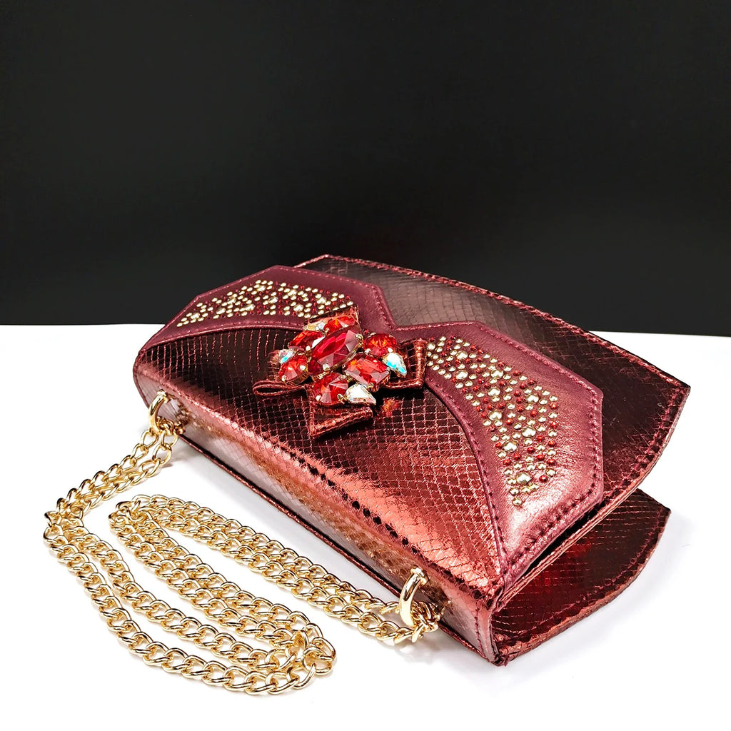 Italian Design Faux Snakeskin Texture Red Shoes And Bags