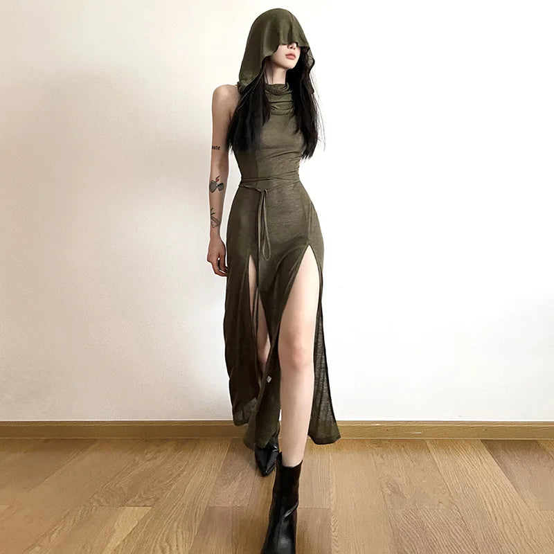 Summer 2023 Sexy European And American Style Sleeveless Hooded Dress Long Split Hollow out Pure Color Women's Gown