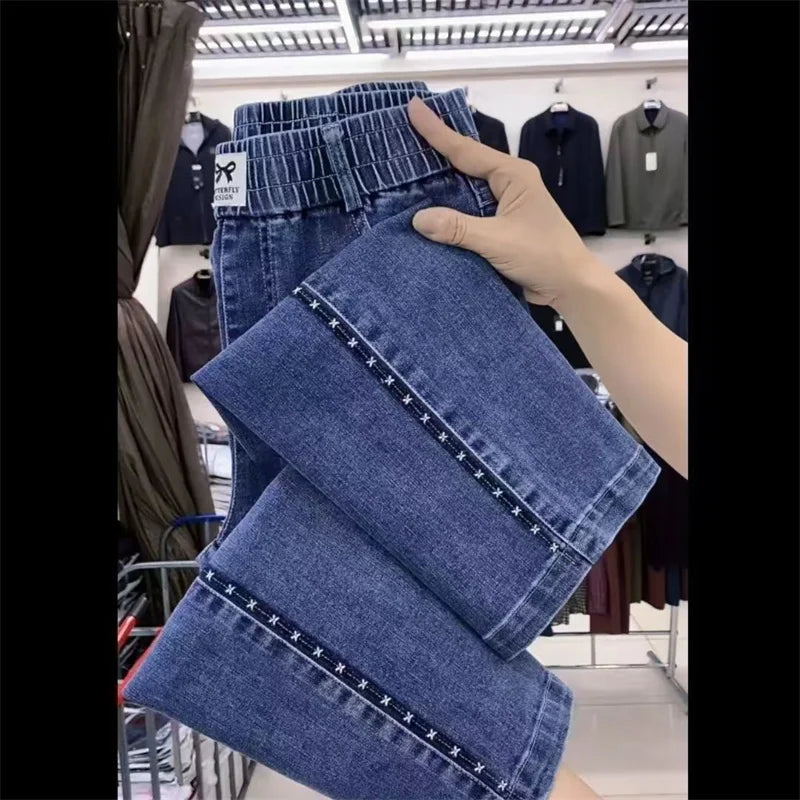 بنطلون نسائي طويل مستقيم يصل إلى الكاحل بخصر مرن مناسب للربيع والخريف