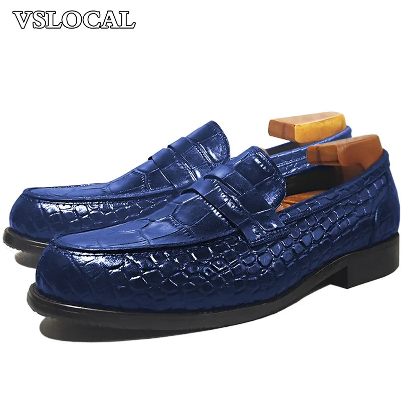 Luxury Brand Men Leather Shoes Black Slip On Croco Prints Casual Mens Dress Shoes Wedding Office Banquet Loafers For Men