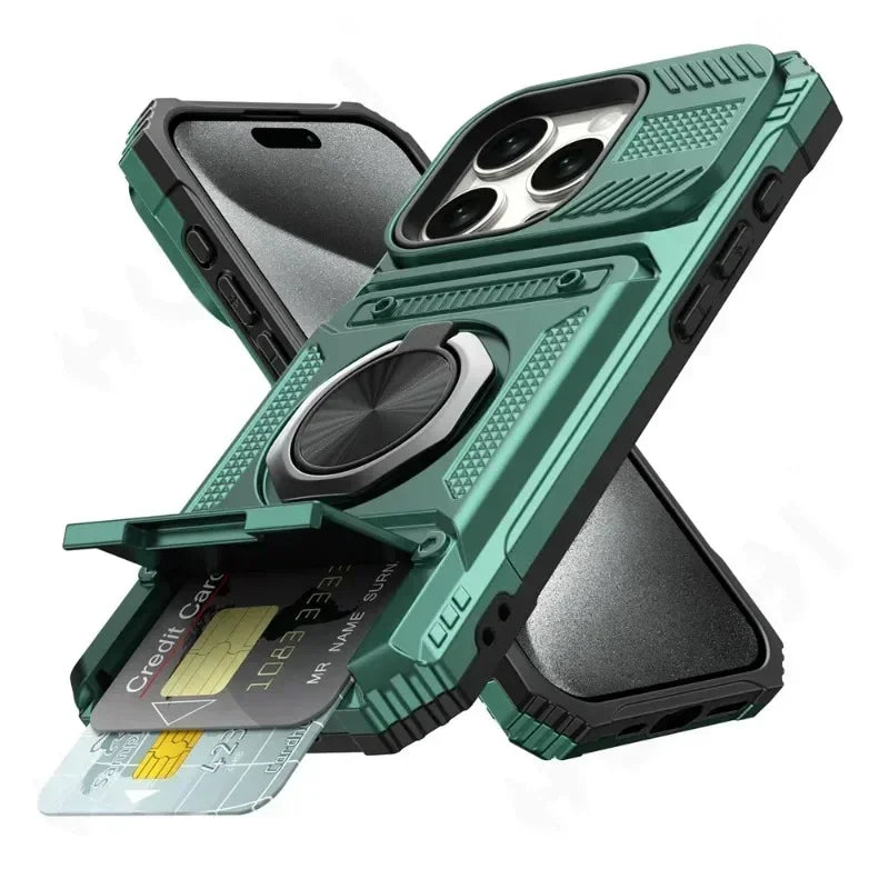 جراب حماية بتصميم محفظة لهاتف آيفون 16 15 14 13 11 برو ماكس XS XR 8 7 بلس، حماية شديدة التحمل ضد السقوط مع حلقة مغناطيسية دوارة ومسند