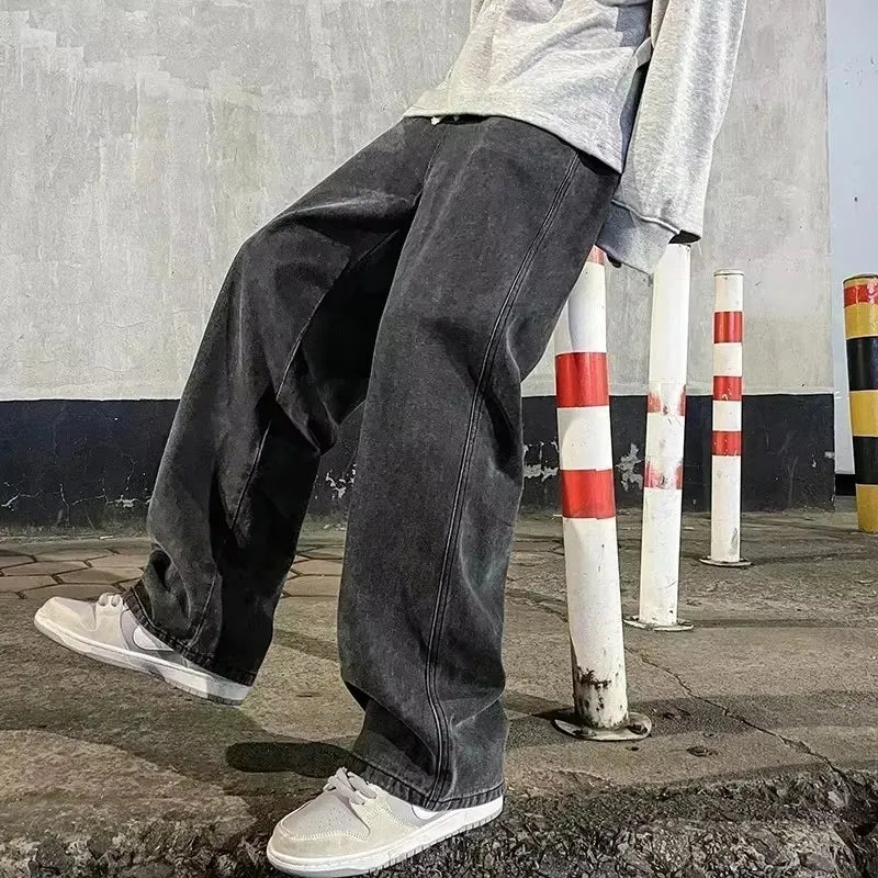 2025 New Korean Men's Casual Long Jeans Classic Man Straight Denim Wide-leg Pants Solid Color Light Blue Grey Black