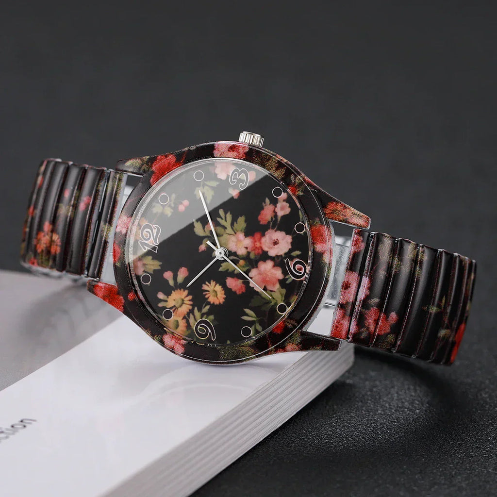 2/3PCS Fashion Flower Printed Women Quartz Wristwatches Set Ladies Casual Elastic Strap Arabic Dial Watch（Without Box）