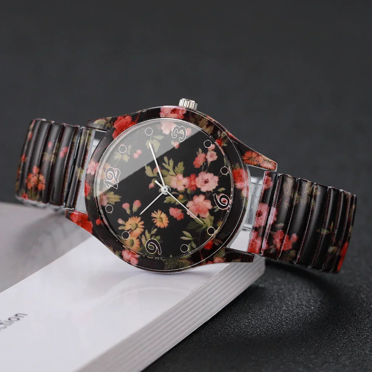 2/3PCS Fashion Flower Printed Women Quartz Wristwatches Set Ladies Casual Elastic Strap Arabic Dial Watch（Without Box）