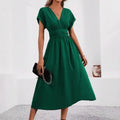 Dresses 2025 Woman Summer Solid-Color V-Neck Batwing-Sleeve Pleated Long Elegant Dress Woman Clothing Tops Skirts Y2k Clothes