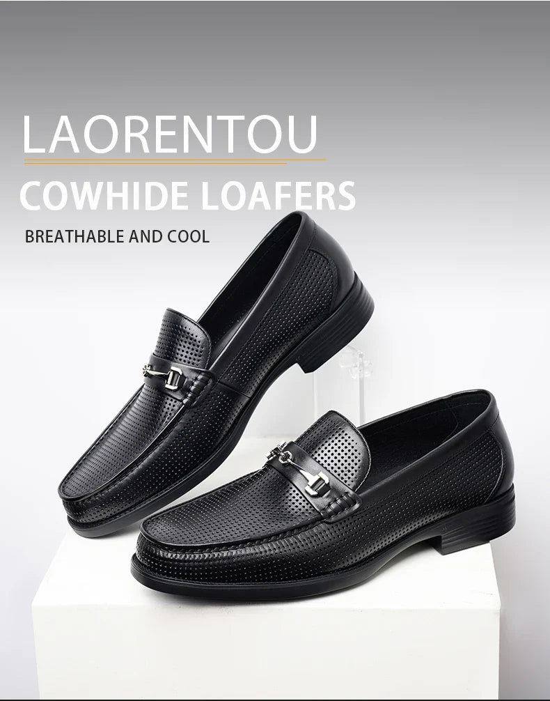 LAORENTOU men's bean shoes, genuine leather hollow out breathable business casual dad leather sandals, soft soled loafers10790DW