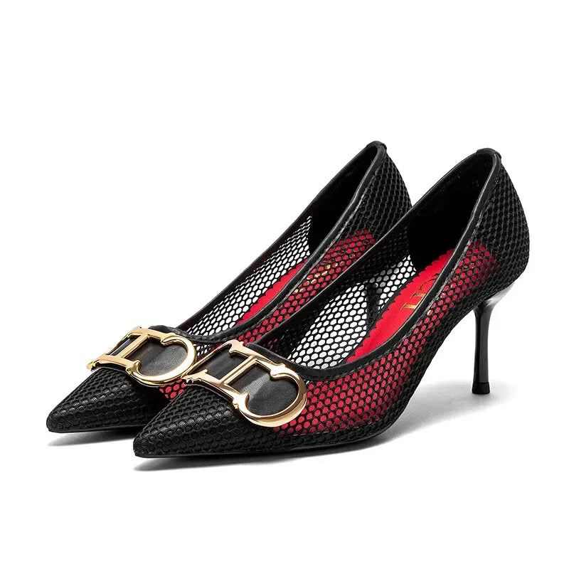 High Heels Red 2025 Spring New Hollow Business Women's Shoes 7cm Red Evening Shoes net