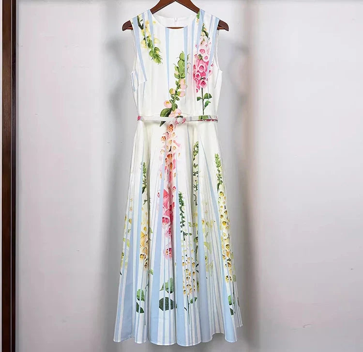 2026 Spring Women's New Fashionable Round Neck Sleeveless Printed Cotton Belt Waist cinching Dress ﻿