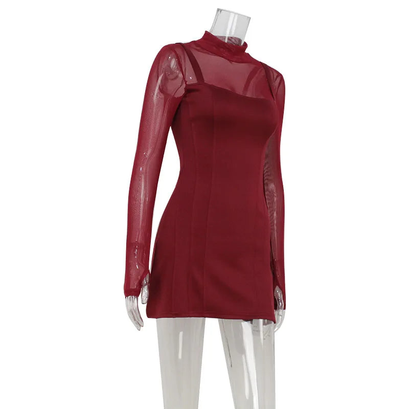 Mesh Patchwork Mini Dress For Women Party Elegant Evening Vestidos Fashion Lace Long Sleeve Turtleneck Slim Short Dresses