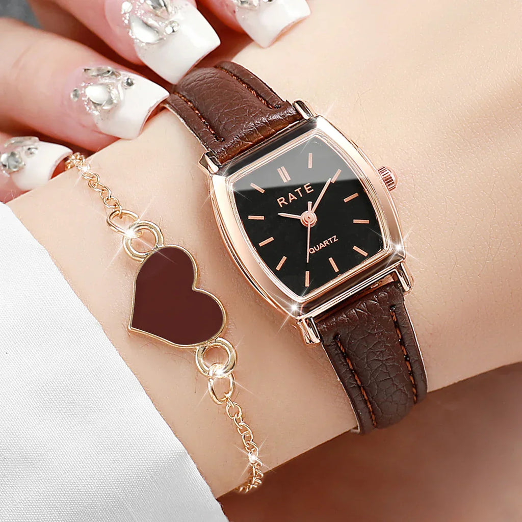2PCS Fashion Leather Strap Quartz Wristwatches Set With Heart Bracelet Casual Simple Dial For Ladies Clock(Without Box)