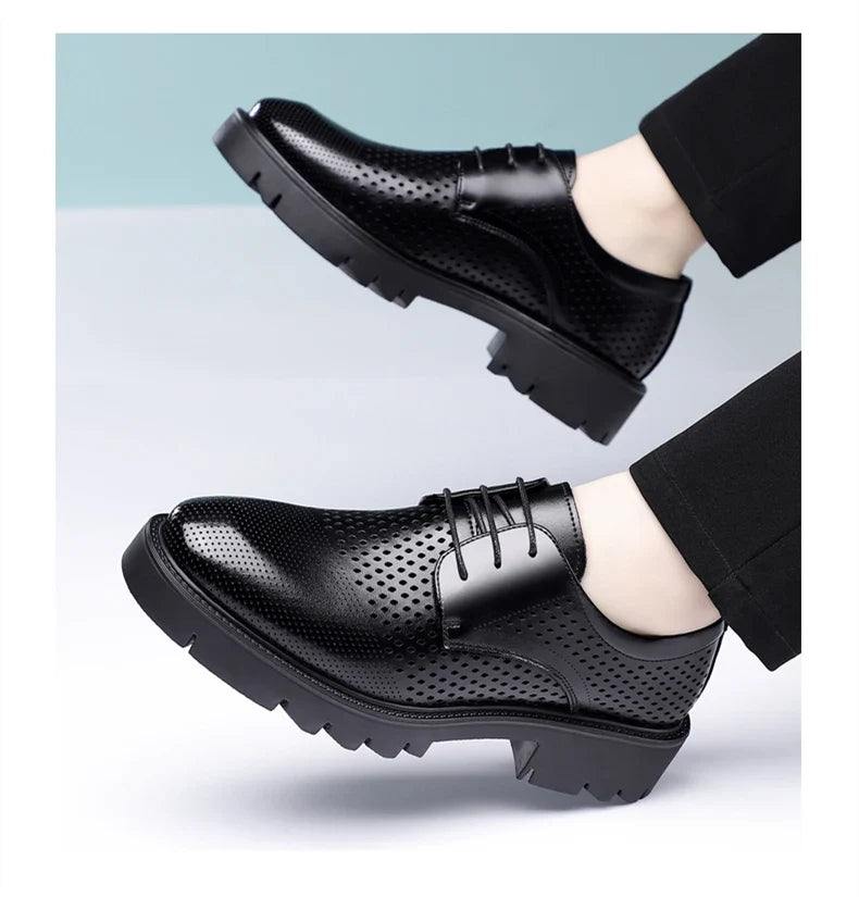 Summer Hollow Out Breathable Men Height Increasing Oxford Shoes 8/10CM Formal Business Dress Wedding Party Elevated Leather Shoe