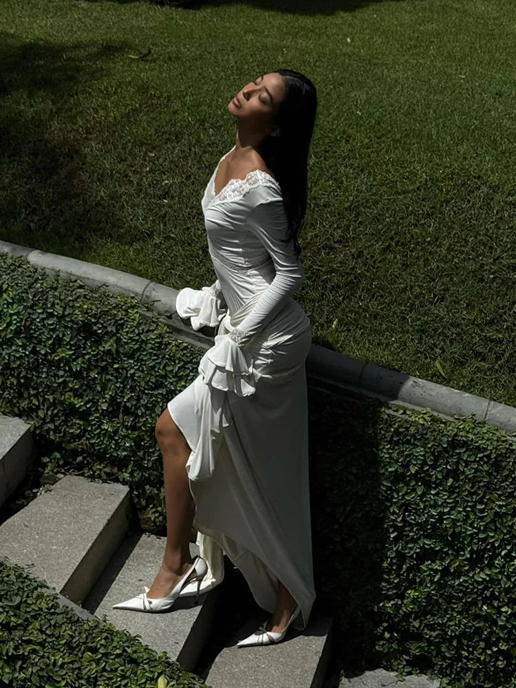 Slim Draped Ruched Hollow Out Maxi Dresses for Women Patchwork Lace V Neck Long Sleeve Long Dress Party Club Evening Robe