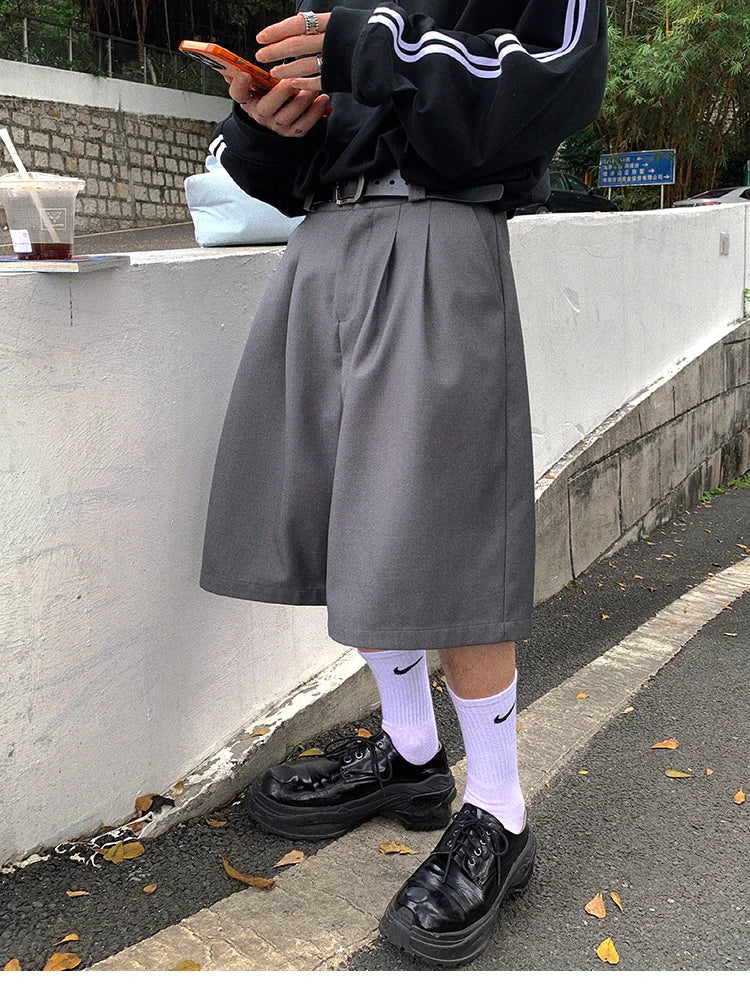 Spring Summer Loose Casual Soft Grey Pleated Shorts for Men with High Waist Short Straight Pants Korean Clothes 2024