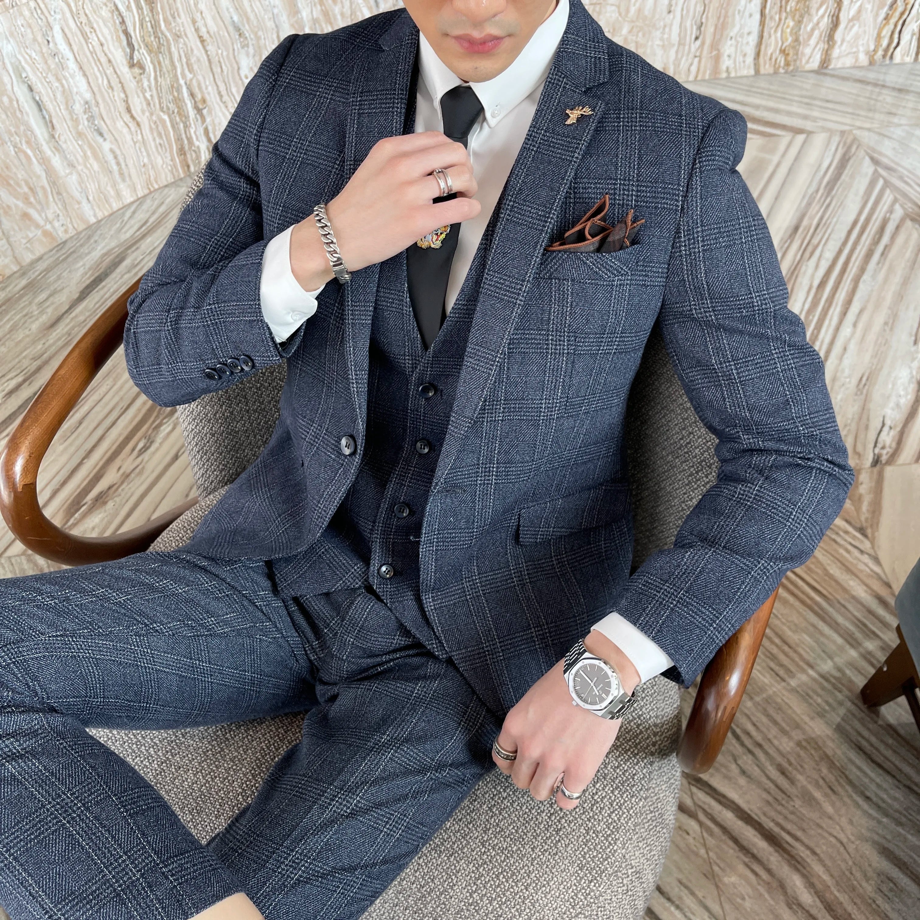 British Modified Plaid Three-Piece Suit for Men - Stylish Business Casual Suit Vest And Trousers Set