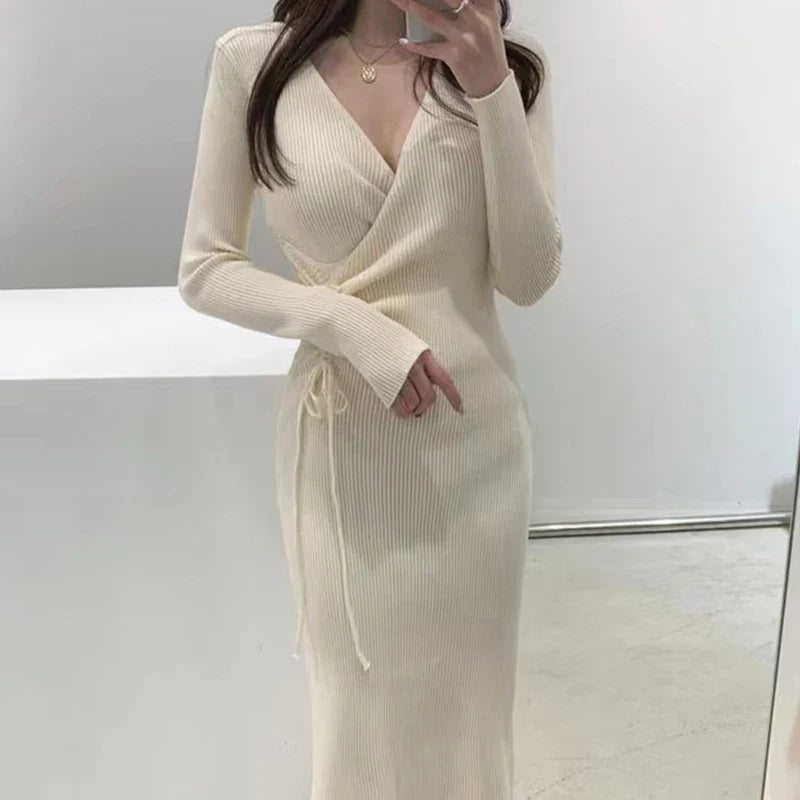 Chic V-ne Knitted Wrap Waist Slimming Mid-length A-line Dr Women's Sweater Dr Korean Sle High Waist Long Sve