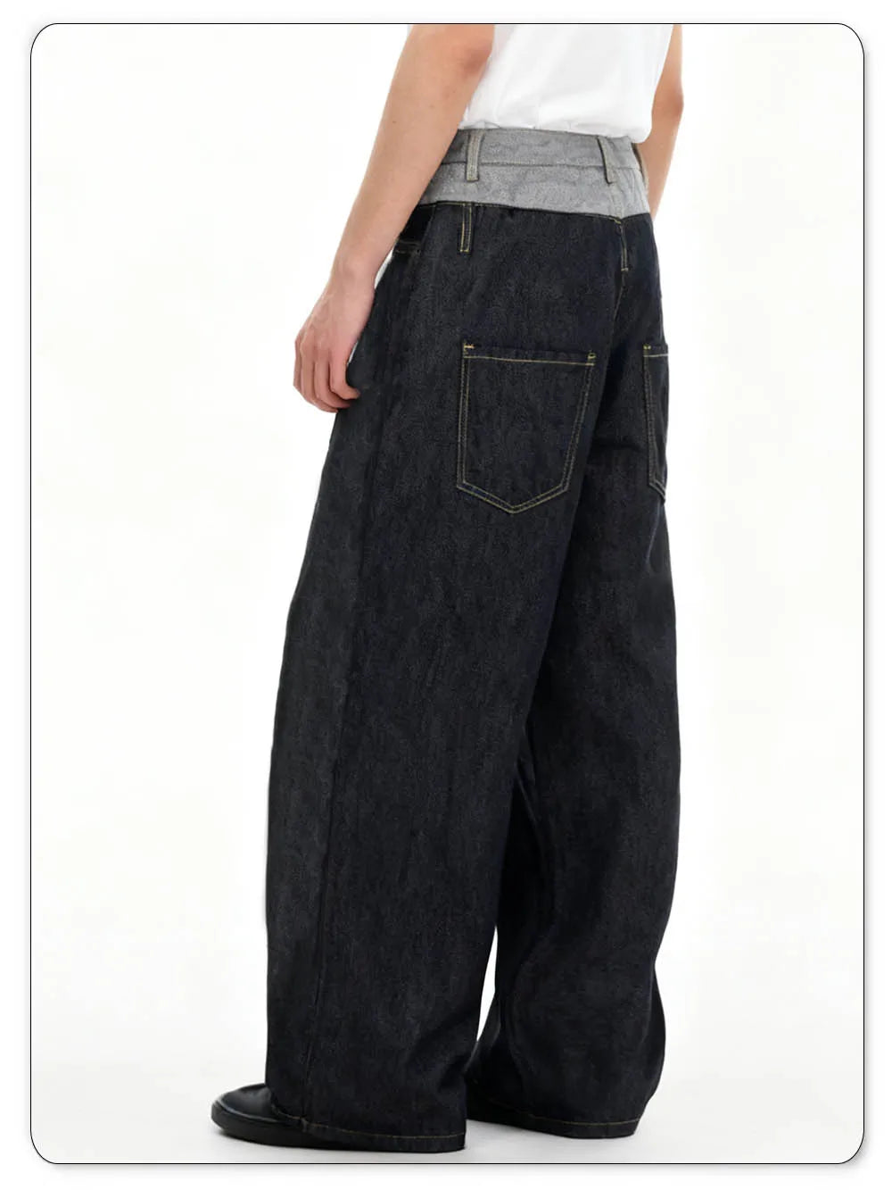 Men's Retro Personalized Double Waist Design Loose Wide Leg Jeans Street Design Denim Pants Gothic Baggy Machete Wide Leg Jeans