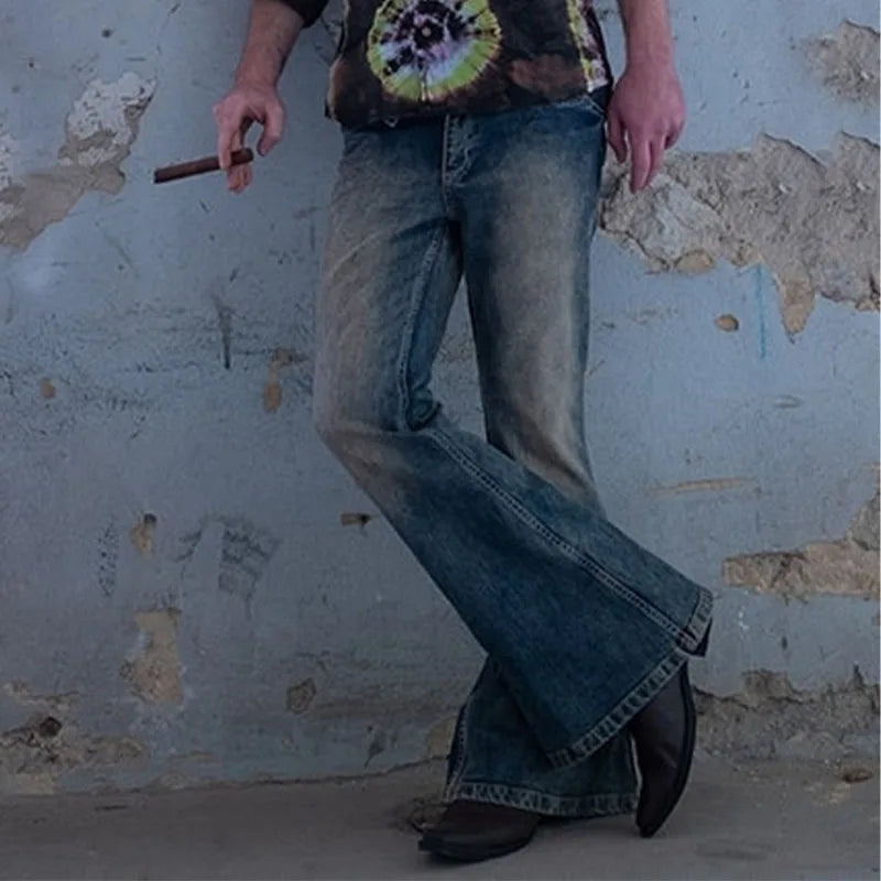 Vintage Men's Solid Straight Jeans Men High Street Button Denim Flare Pants