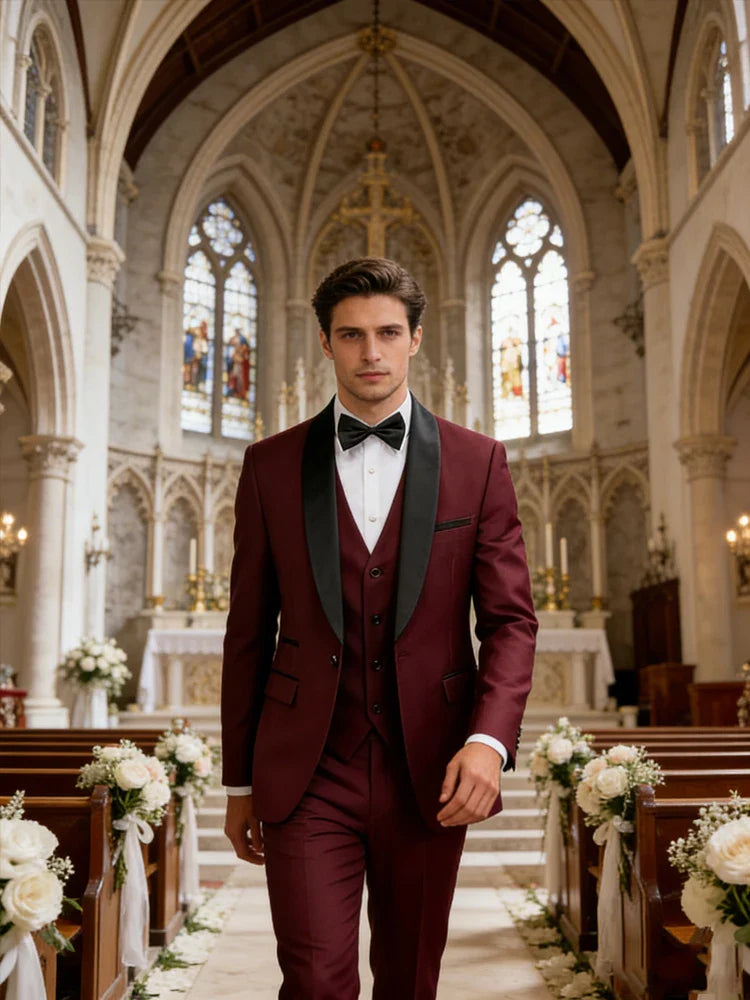 Men's 3 Piece Tuxedo Suit Set One Button Satin Shawl Lapel Slim Fit Blazer Vest Pants For Formal Business Wedding Groom